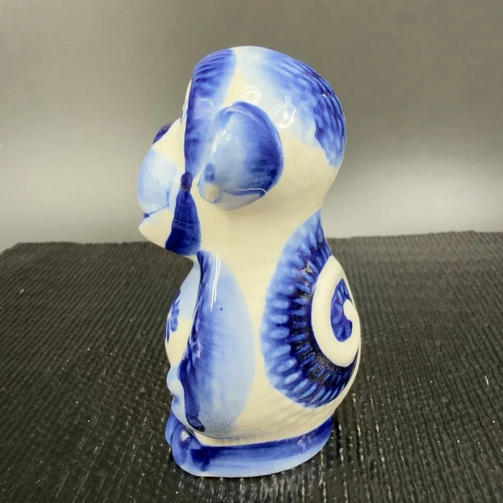 Handmade Gzhel Russian‎ Porcelain Small Monkey Figurine Had Painted Cobalt Blue